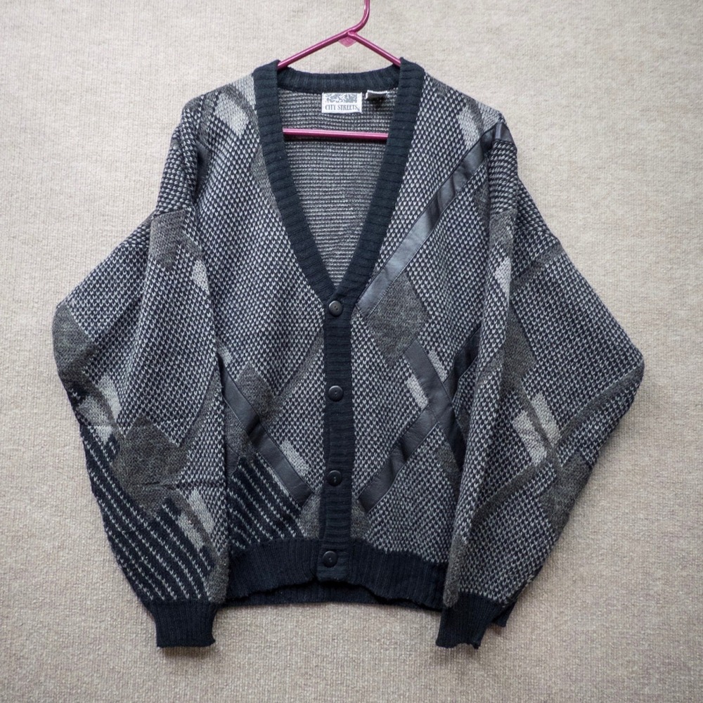 Vintage City Streets Mens Large Geometric Knit Cardigan Sweater Gray Black Korea